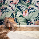 Exotic Flowers Full Wall Mural in Navy, Green and Pink