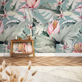 Exotic Flowers Full Wall Mural in Teal, Green and Pink