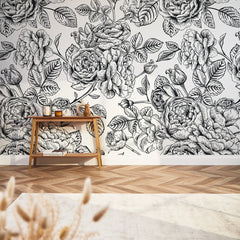 Gentle Roses Full Wall Mural in Monochrome