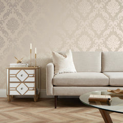 Chelsea Glitter Damask Wallpaper in Cream and Gold