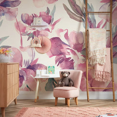 In Bloom Full Wall Mural in Watercolour Pinks