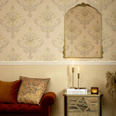 Jasmine Damask Wallpaper in Sand with Metallic Gold