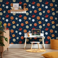 Playful Planets Wallpaper in Warm Tones on Navy