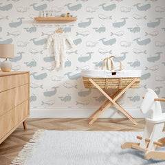 Whale Hello Wallpaper Blue and Grey