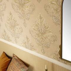 Jasmine Damask Wallpaper in Sand with Metallic Gold