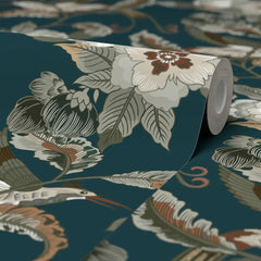 Beautiful Birds Wallpaper in Bottle Green