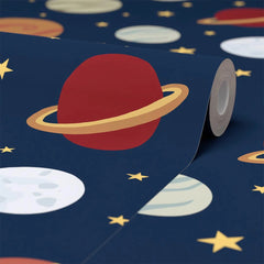 Playful Planets Wallpaper in Warm Tones on Navy
