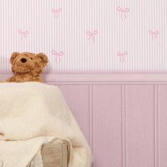 Delicate Bows on Pinstripe Panel Wallpaper in Pink with Pink Panel