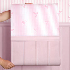 Delicate Bows on Pinstripe Panel Wallpaper in Pink with Pink Panel