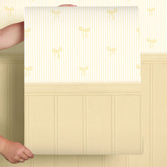 Delicate Bows on Pinstripe Panel Wallpaper in Lemon with Lemon Yellow Panel
