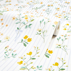 Floral Pinstripe Wallpaper in Yellow and Blue