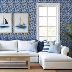 Country Floral Wallpaper in Blue