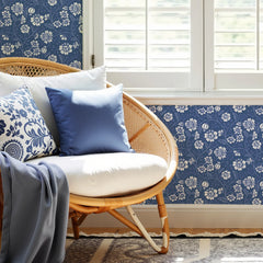 Folksy Floral Wallpaper in Blue