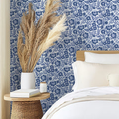Folksy Floral Wallpaper in Blue on White