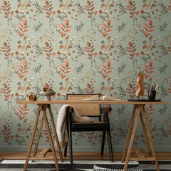 Bloom and Leaf Wallpaper in Green