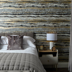 Oslo Wallpaper in Charcoal and Black with Gold Metallic