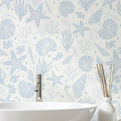 Seastars and Seashells Wallpaper in Blue