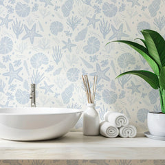 Seastars and Seashells Wallpaper in Blue