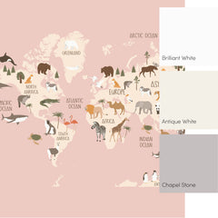 Scandi Safari Map Full Wall Mural in Pink