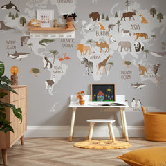 Scandi Safari Map Full Wall Mural in Grey