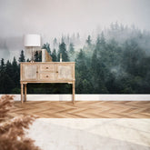 Misty Trees Fall Wall Mural in Green and Grey