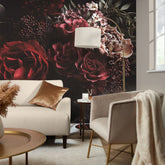 Dark Floral Bouquet Full Wall Mural in Pink and Red