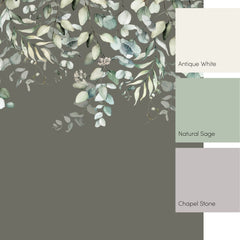 Eucalyptus Cascade Full Wall Mural in Watercolour Greens on Smokey Green