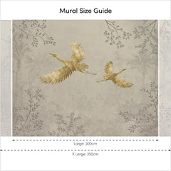 Oriental Cranes Full Wall Mural in Stone with Gold Effect