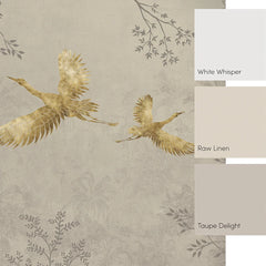 Oriental Cranes Full Wall Mural in Stone with Gold Effect