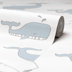 Whale Hello Wallpaper Blue and Grey