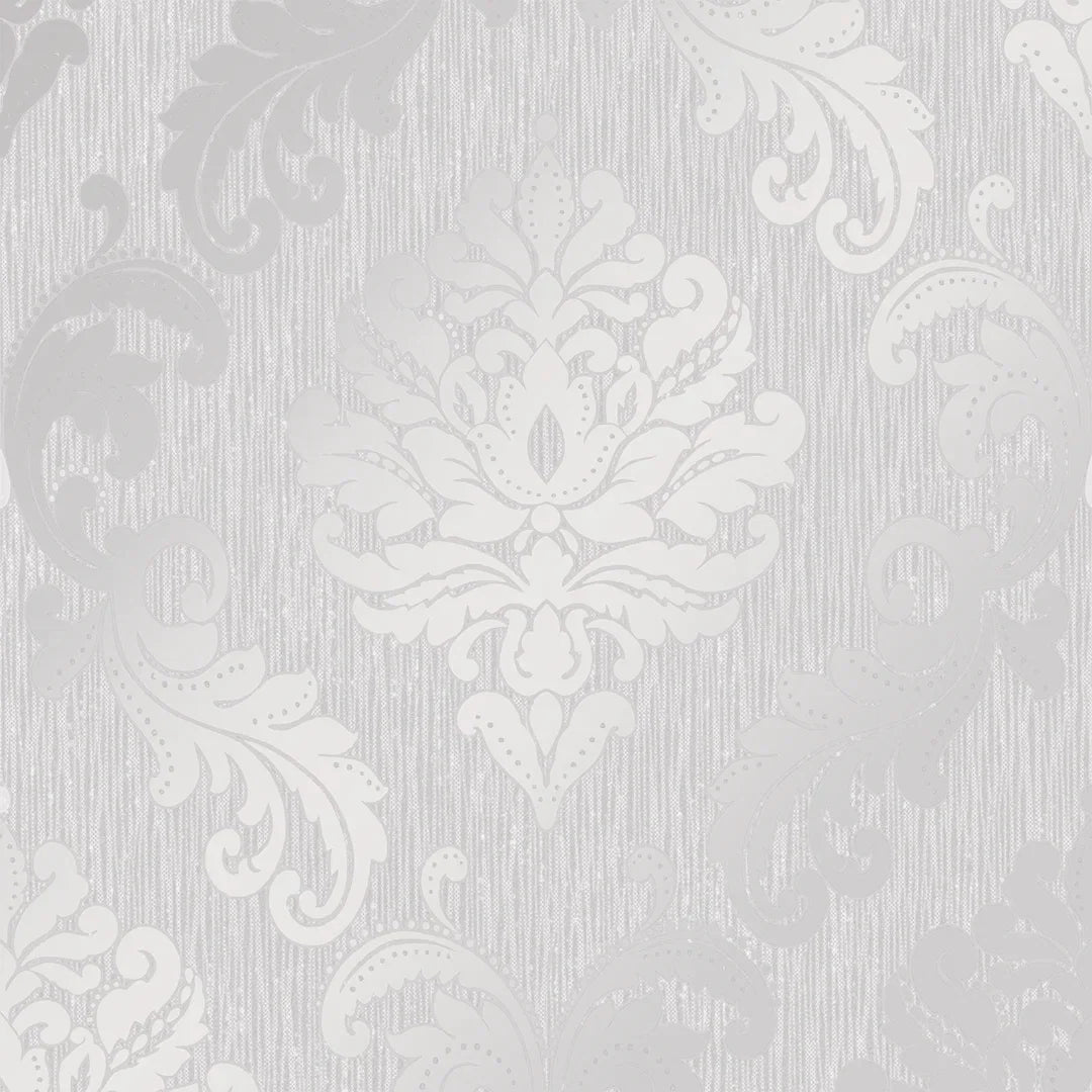 Sample of Chelsea Glitter Damask Wallpaper in Soft Grey and Silver