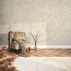 Gentle Roses Full Wall Mural in Mushroom and Cream