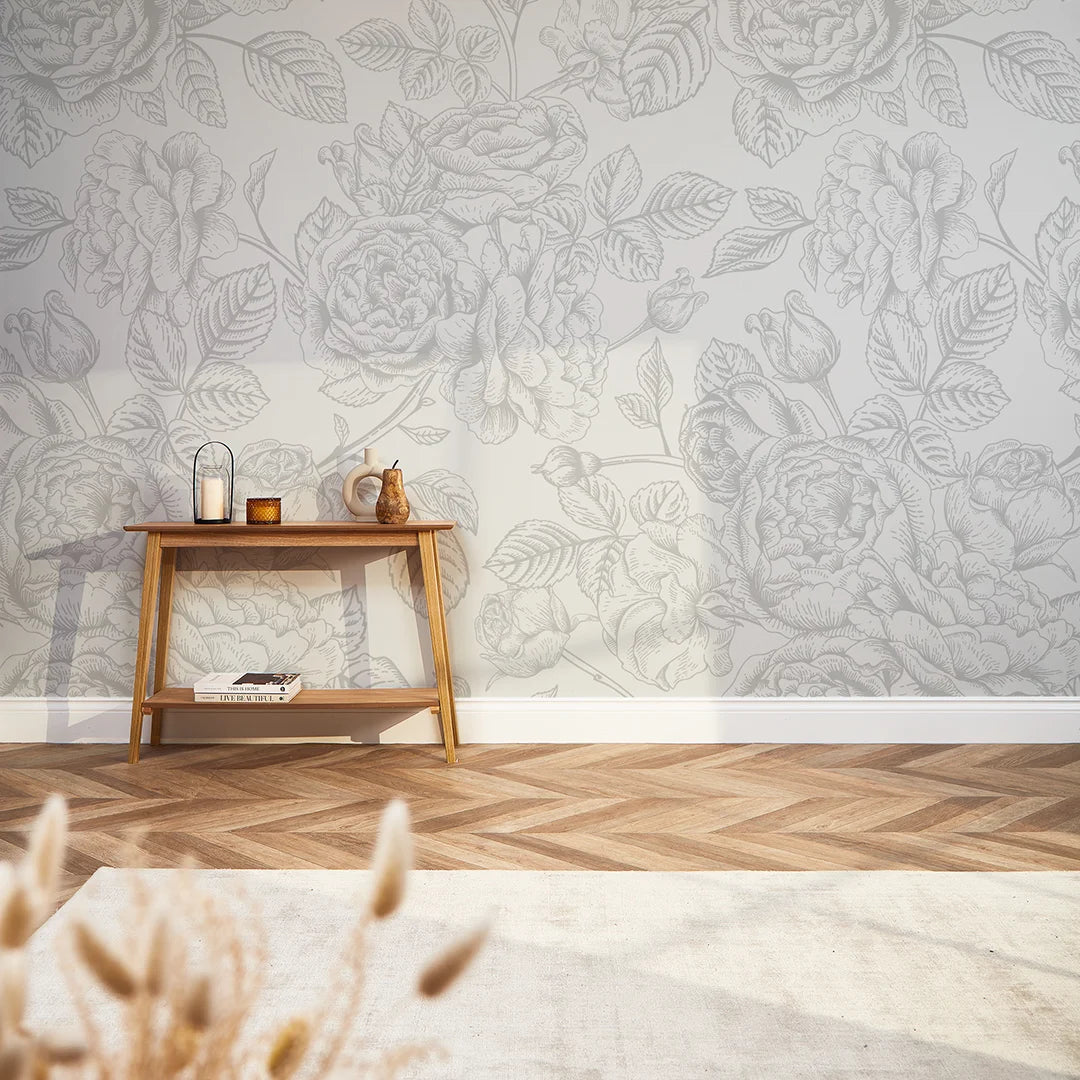 Gentle Roses Full Wall Mural in Grey