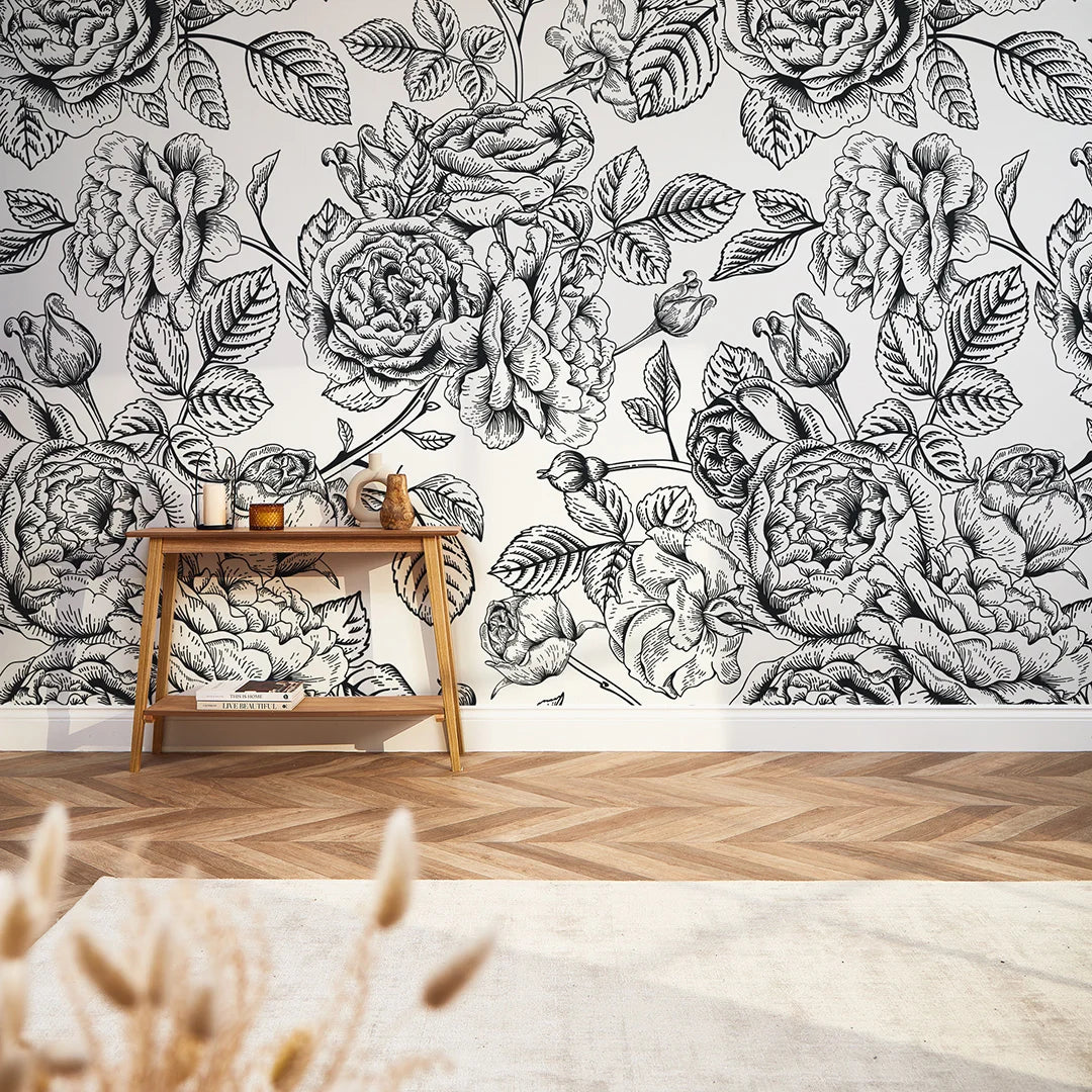 Gentle Roses Full Wall Mural in Monochrome