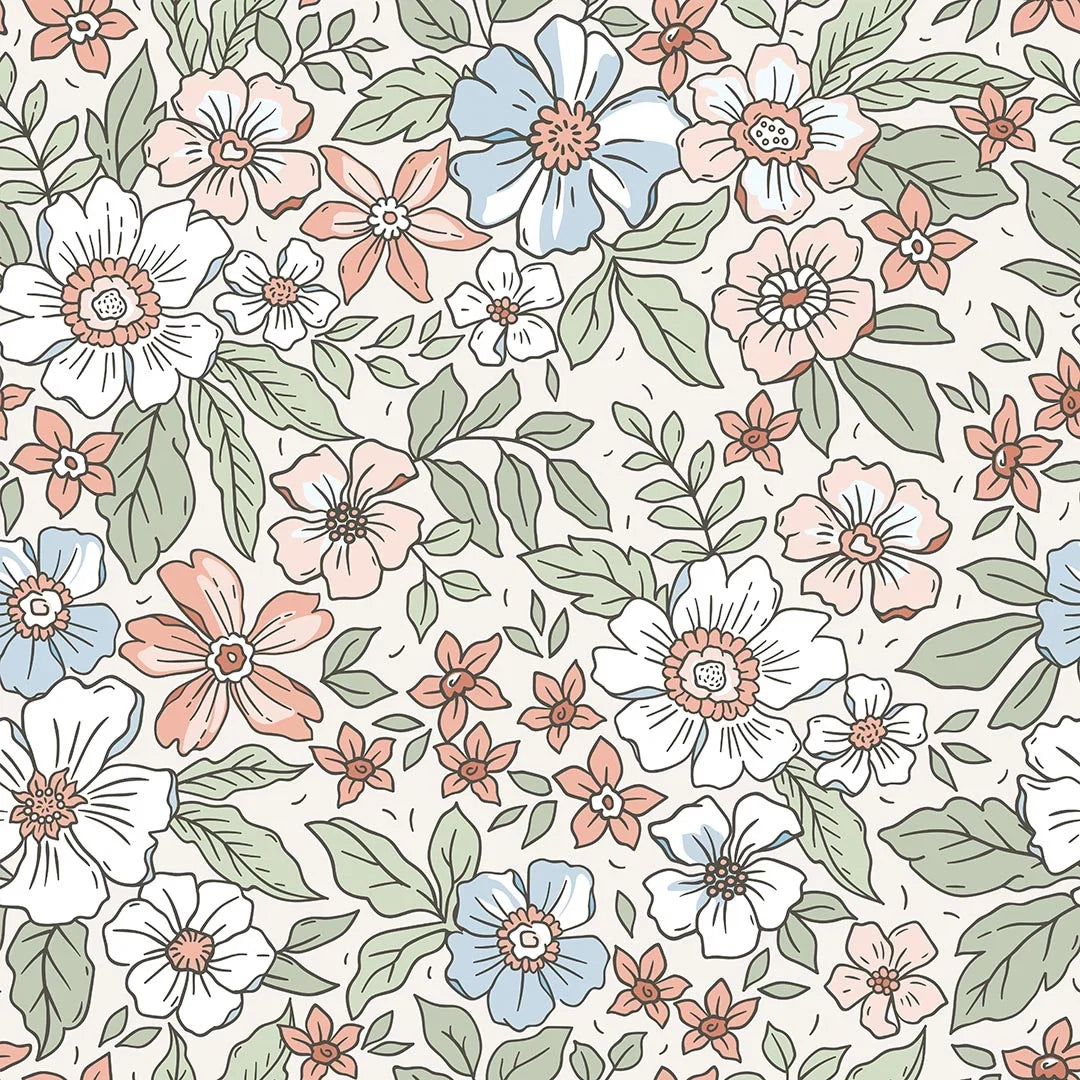 Gorgeous Gardenia Wallpaper in Sage, Soft Blues and Peach
