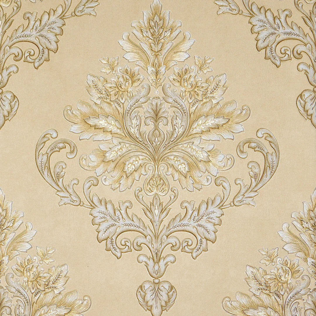 Jasmine Damask Wallpaper in Sand with Metallic Gold