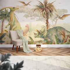 Jurassic Full Wall Mural in Watercolour Greens