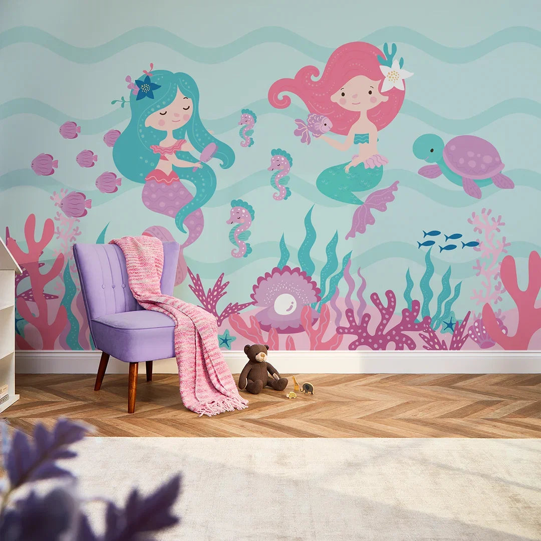The Magical Mermaids Full Wall Mural in Pink and Teal