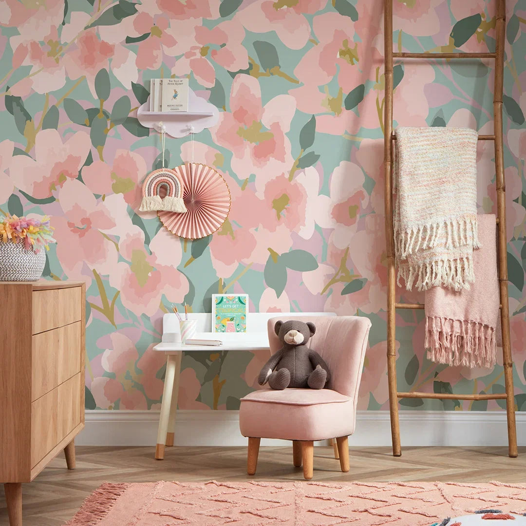 Fresh Flowers Full Wall Mural in Pink and Duck Egg