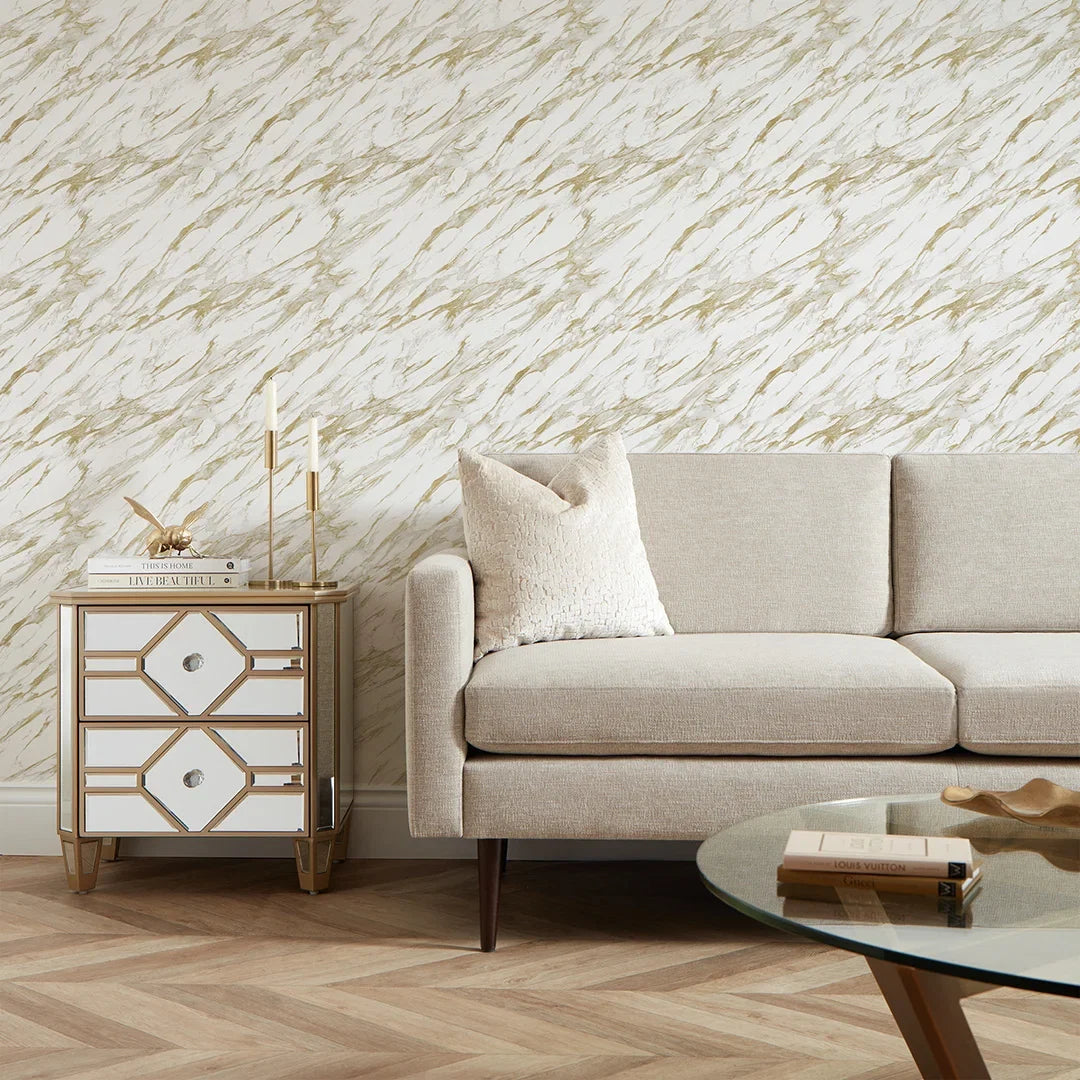 Modern Marble Wallpaper in White with Gold Effect