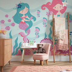 The Magical Mermaids Full Wall Mural in Pink and Teal