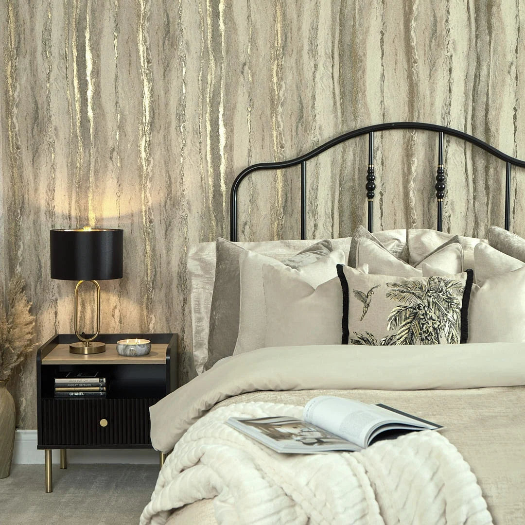 Zeus Metallic Wallpaper in Warm Grey and Sand and Metallic Gold