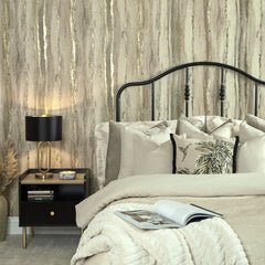 Zeus Metallic Wallpaper in Warm Grey and Sand and Metallic Gold