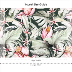 Exotic Flowers Full Wall Mural in Charcoal, Green and Pink
