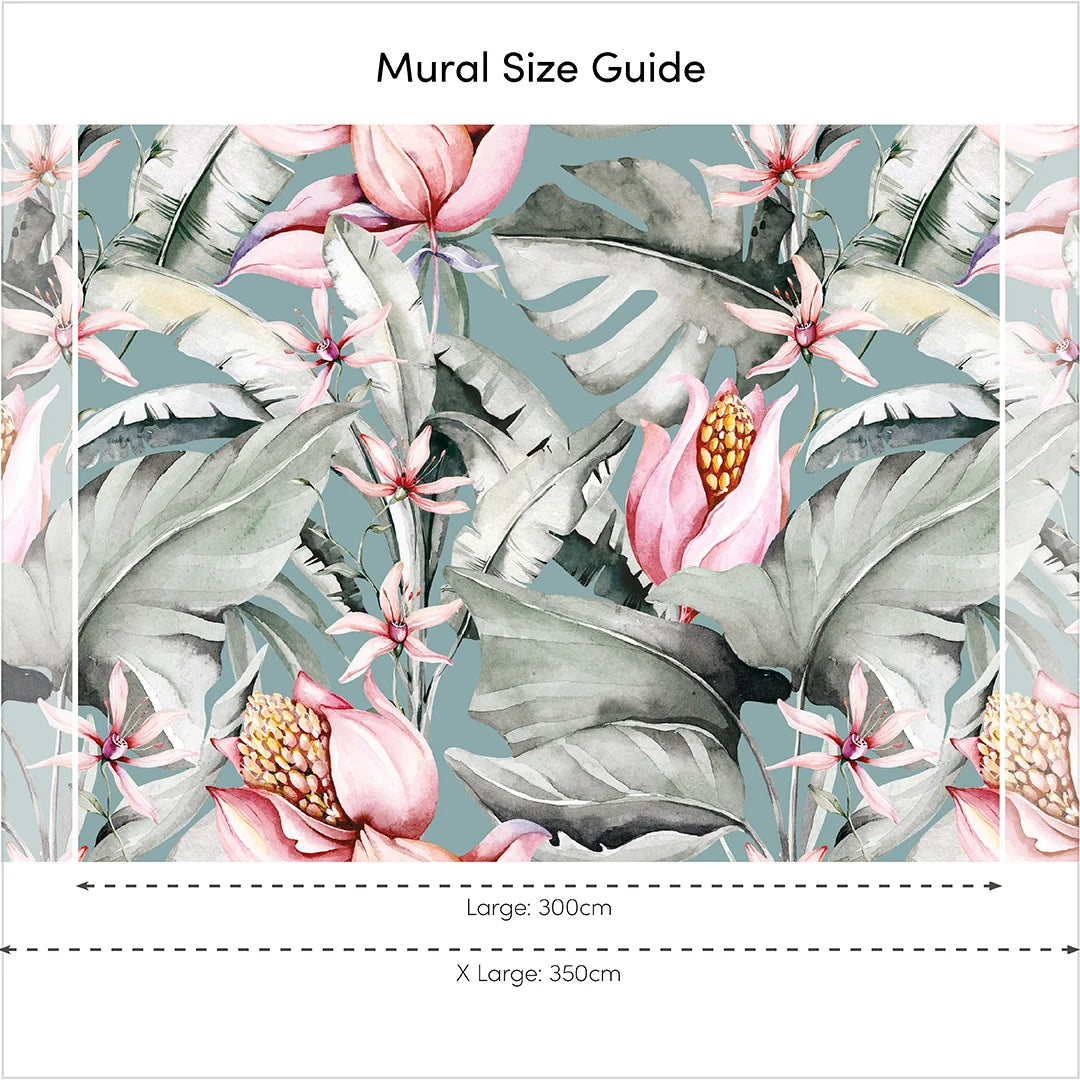 Exotic Flowers Full Wall Mural in Teal, Green and Pink