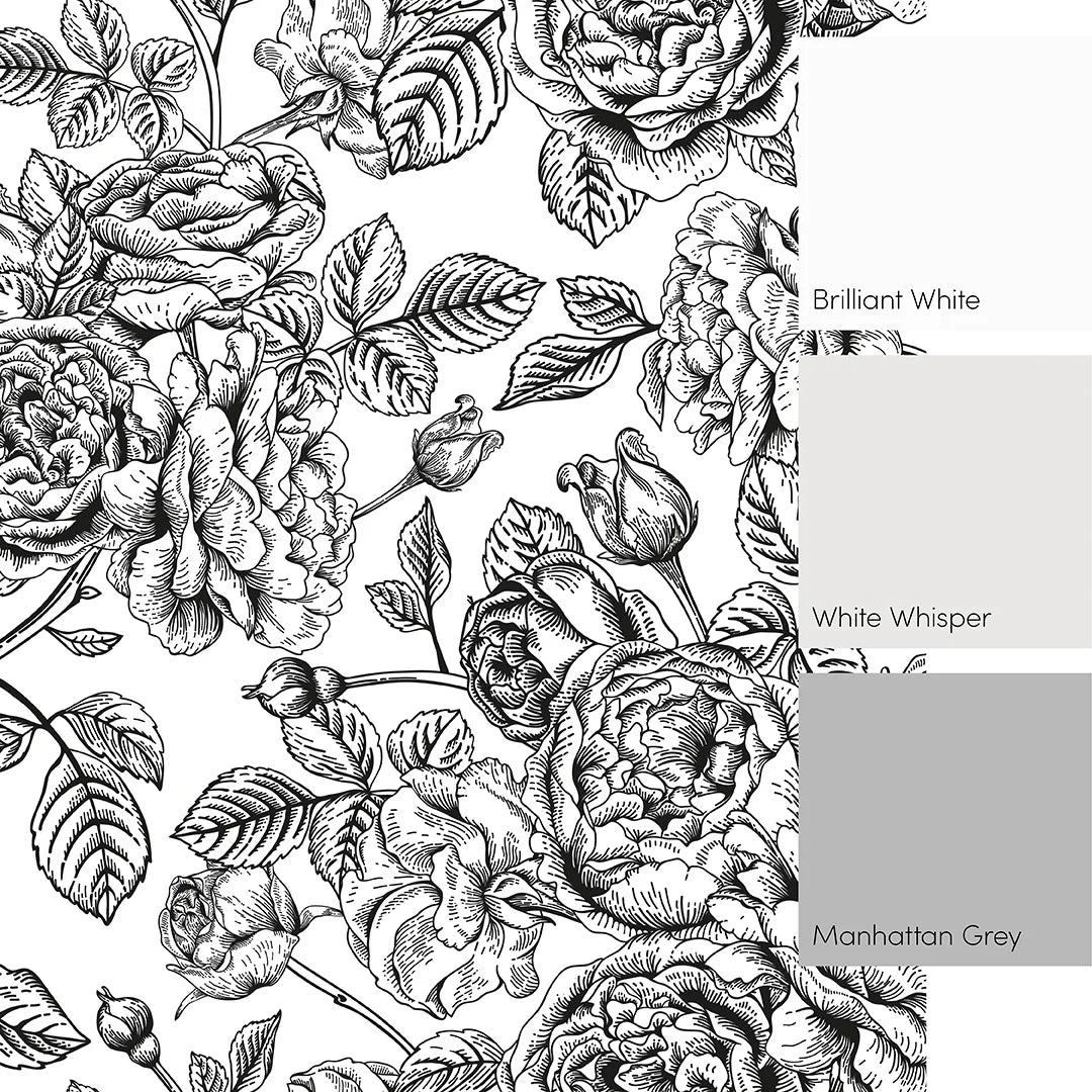 Gentle Roses Full Wall Mural in Monochrome