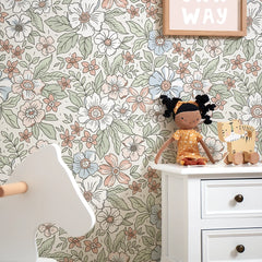 Gorgeous Gardenia Wallpaper in Sage, Soft Blues and Peach