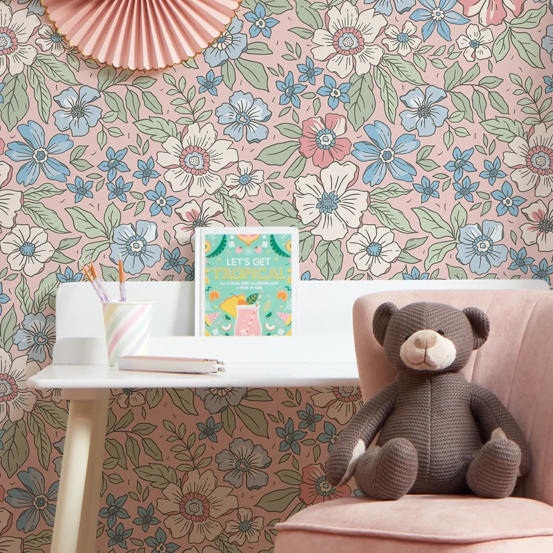 Gorgeous Gardenia Wallpaper in Soft Blue and Sage on Soft Pink