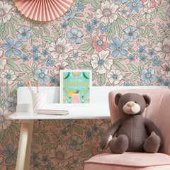 Gorgeous Gardenia Wallpaper in Soft Blue and Sage on Soft Pink