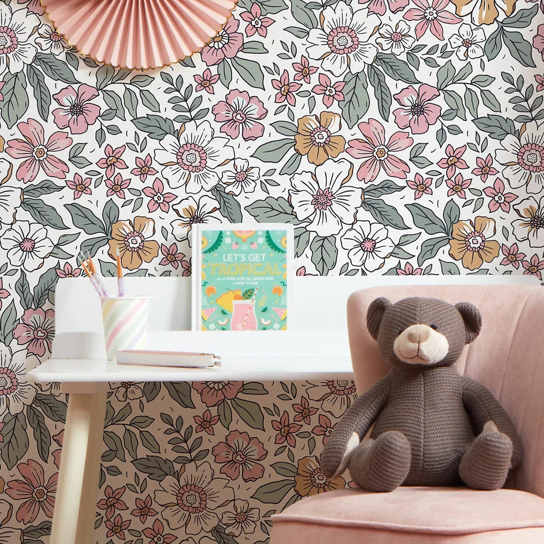 Gorgeous Gardenia Wallpaper in Sage Green and Pink on White